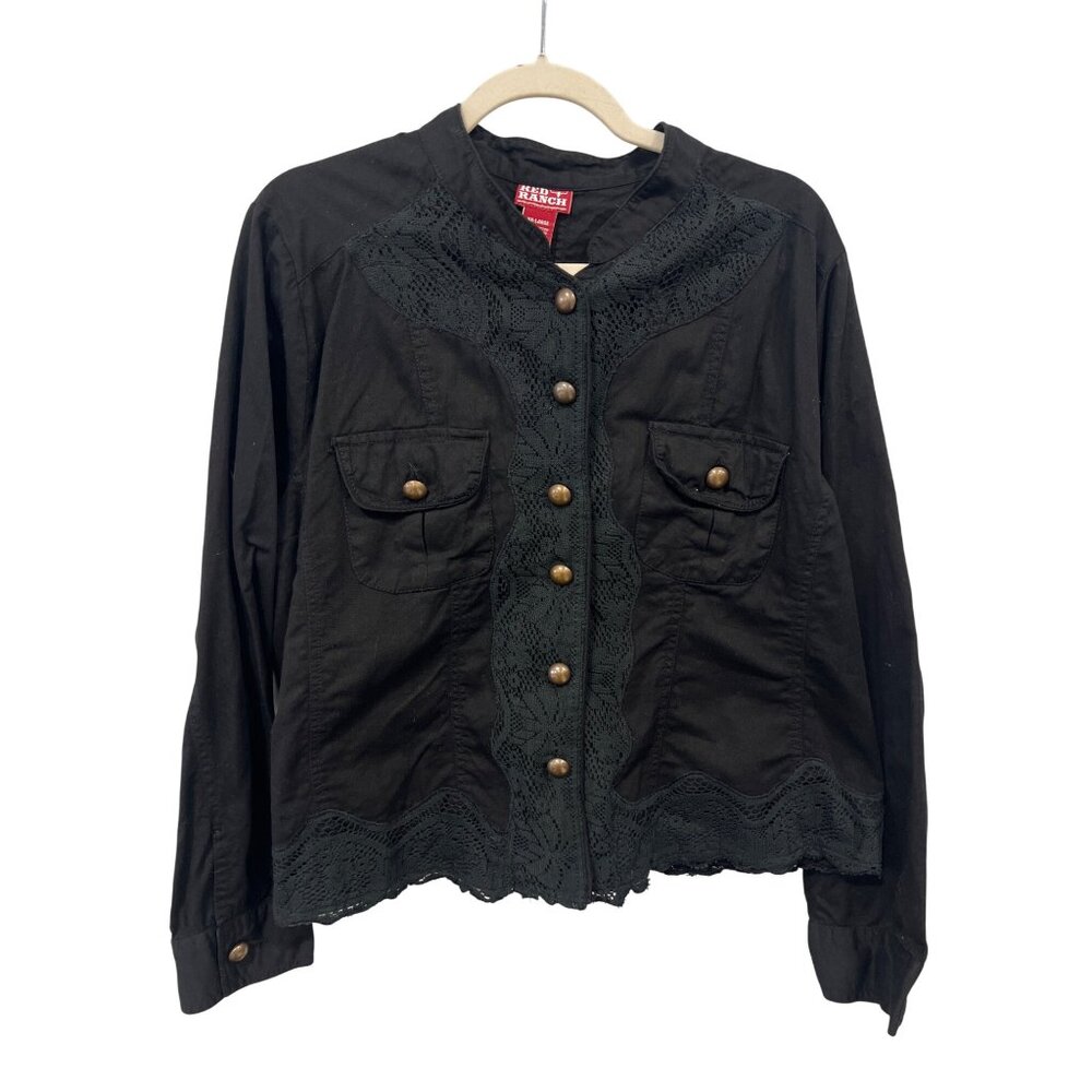 Red Ranch Lace Trim Button Front Shirt Size XXL Long Sleeve Black Cotton Western